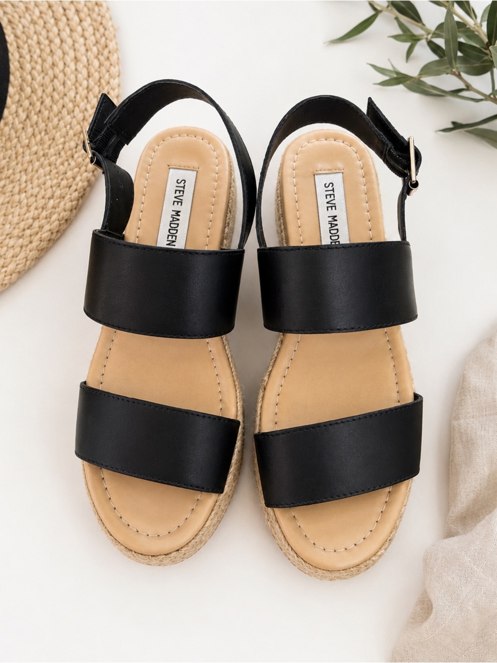 Steve Madden Black Double-Band Espadrille Platform Sandals Size 7 Minimalist